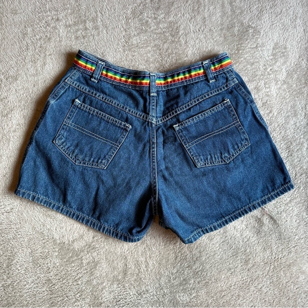 Vintage Ocean Pacific Denim Shorts Size 5 Rainbow Belt Retro OP Jean Shorts - Picture 2 of 7